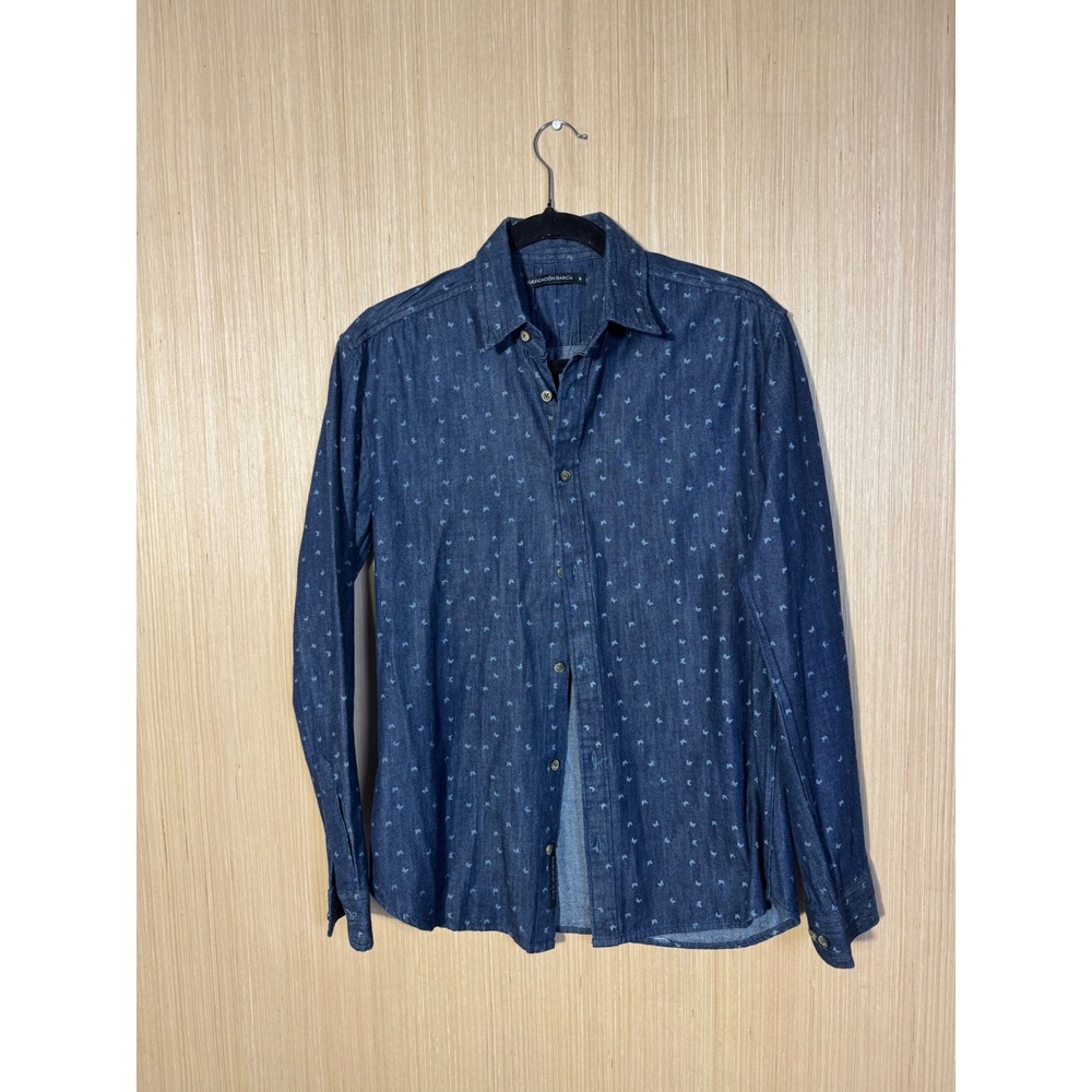 Purificacion Garcia Blue Butterfly Print Denim Button Down Shirt Womens Medium